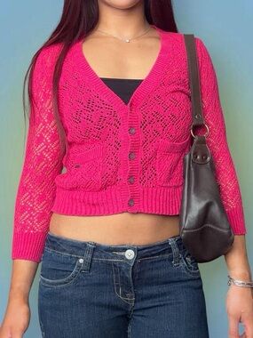 Hollister Hot Pink Crochet-Knit Button Cardigan